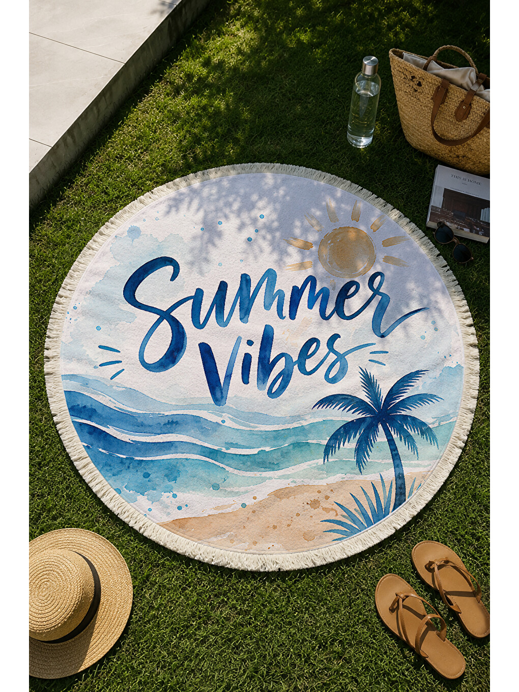 Lacivert Yuvarlak Plaj Havlusu 150 Cm Summer Vibes Yazılı Palmiye Desenli Baskılı Plaj Havlusu