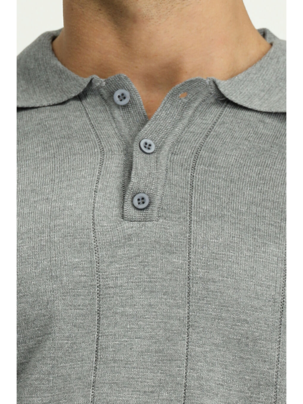 Gri Polo Yaka Regular Fit Desenli Triko Büyük Beden Kazak-5