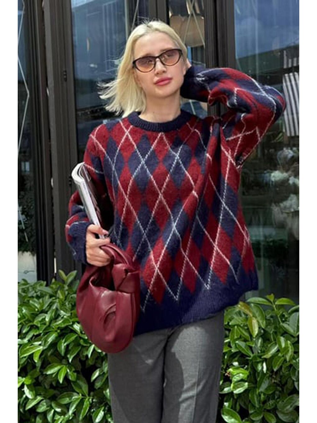 Lacivert Bisiklet Yaka Şardonlu Baklava Desenli Kazak Mg2493