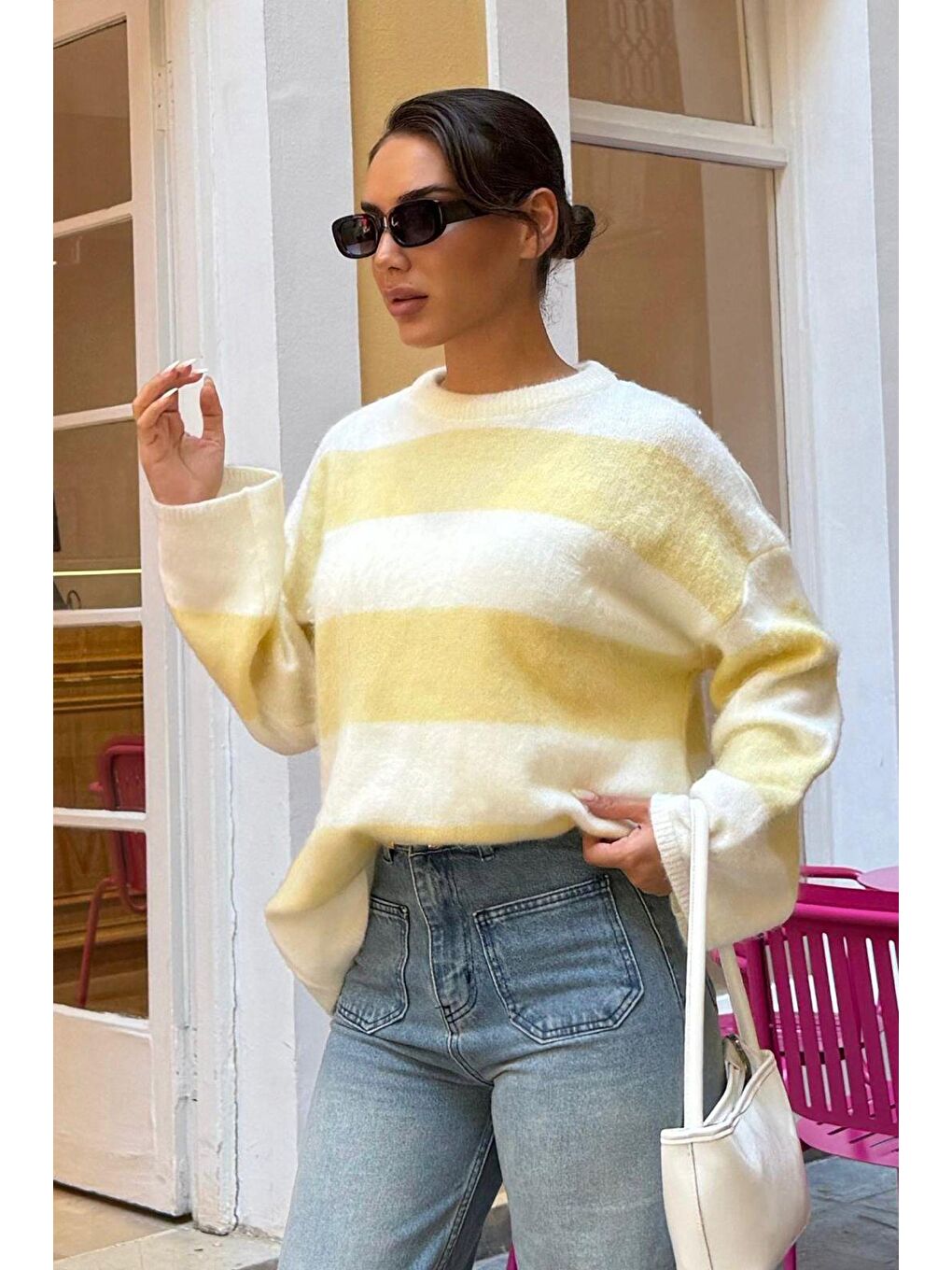 Sarı Bisiklet Yaka Çizgili Triko Kadın Kazak Mg2472-5