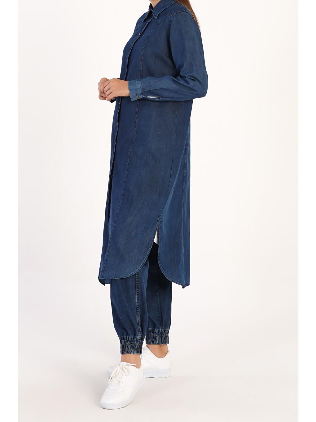 Orta Mavi Parçalı Denim Gömlek Tunik-2