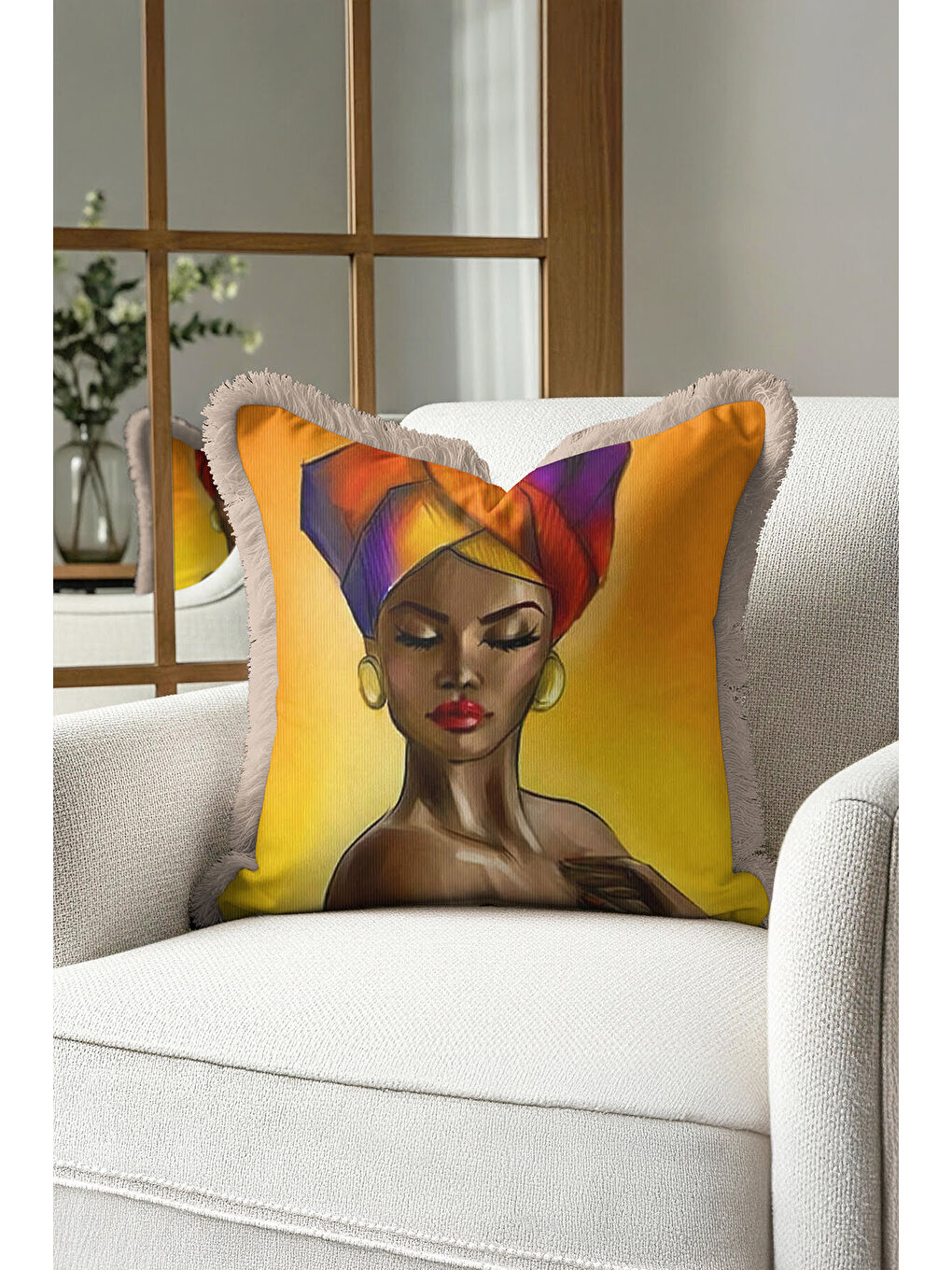 Karışık Afrika Portre Sanat Saçaklı Yastık Kılıfı - Etnik Bohem Sıcak Renkler Püsküllü Kırlent Kılıfı-1