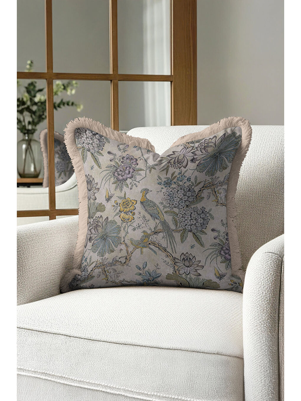 Karışık Zarif Kuş ve Çiçek Motifli Saçaklı Yastık Kılıfı - Klasik Bahçe Vintage Mavi Püsküllü Kırlent Kılıfı-4