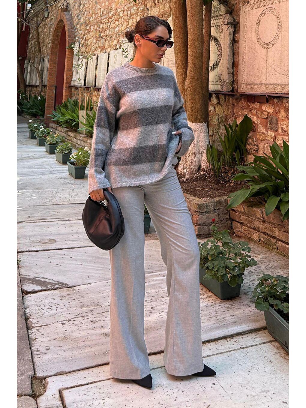 Antrasit Bisiklet Yaka Çizgili Triko Kadın Kazak Mg2472-1