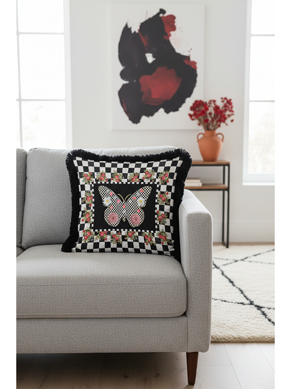 Karışık Zarif Ekose Kelebek Saçaklı Yastık Kılıfı-Gül Motifli Bohem Siyah Püsküllü Kırlent Kılıfı-1