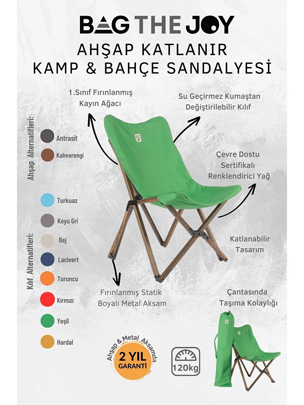 Bag The Joy Yeşil Antrasit İskelet – Yeşil Kılıf Ahşap Katlanır Kamp & Bahçe Sandalyesi - 4