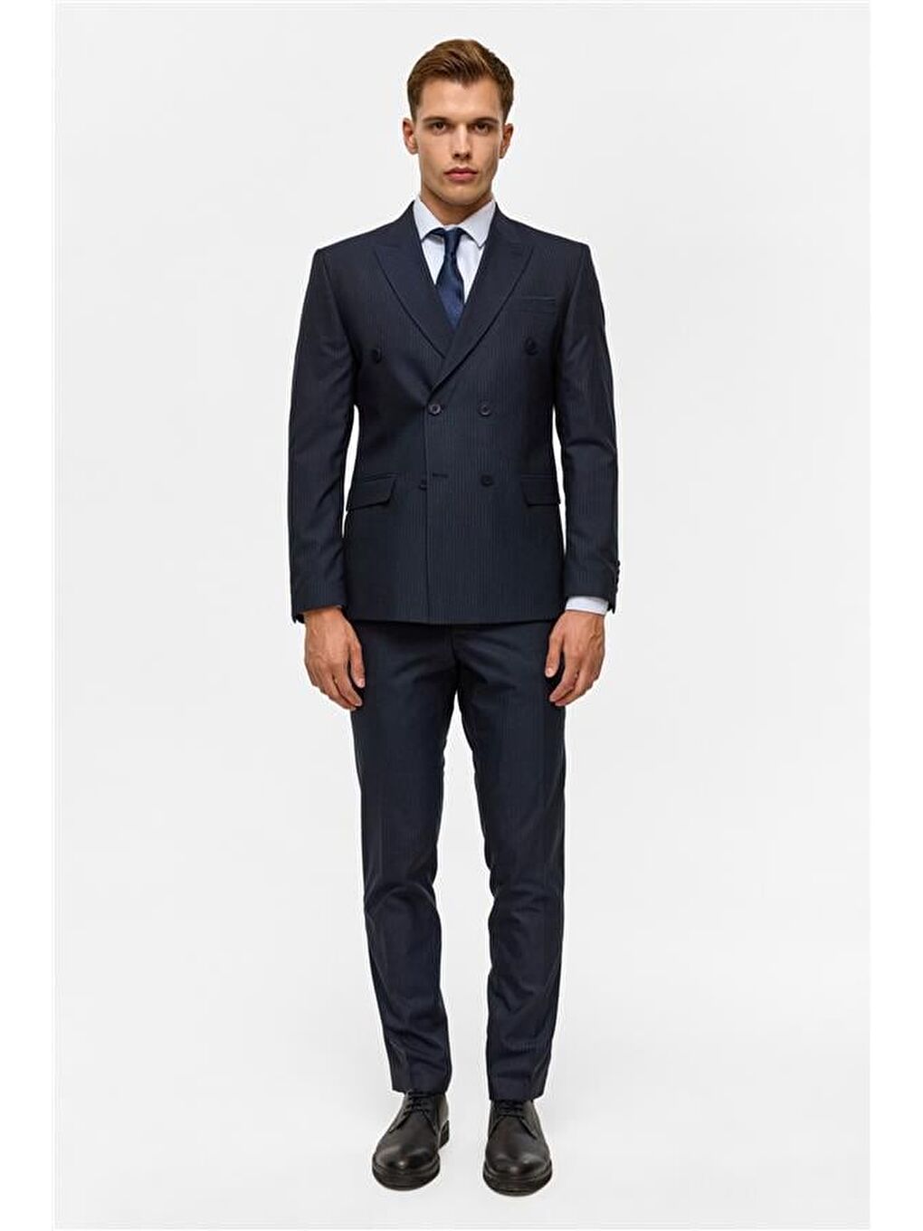 Lacivert Slim Çizgili Kruvaze Yaka 6 Drop Takım Elbise