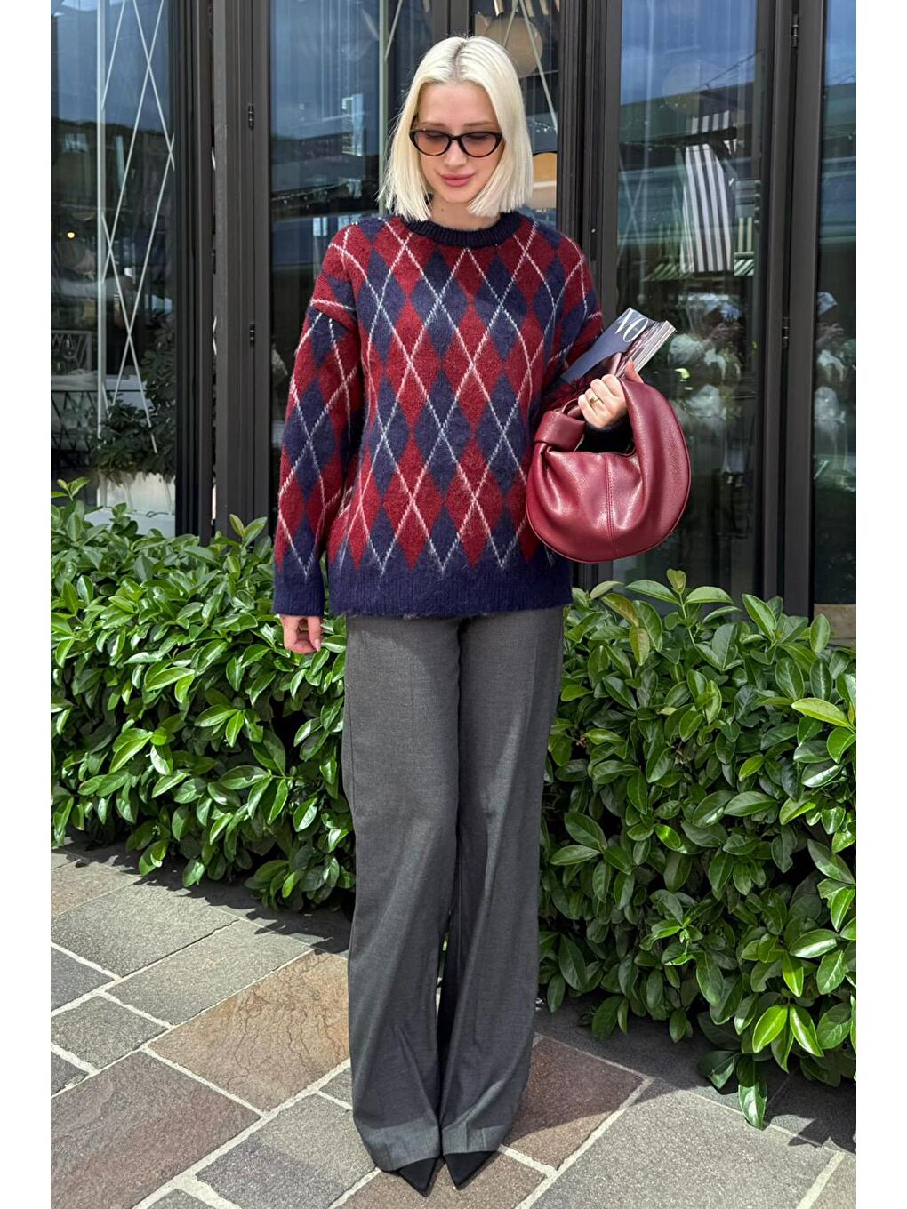 Lacivert Bisiklet Yaka Şardonlu Baklava Desenli Kazak Mg2493-1