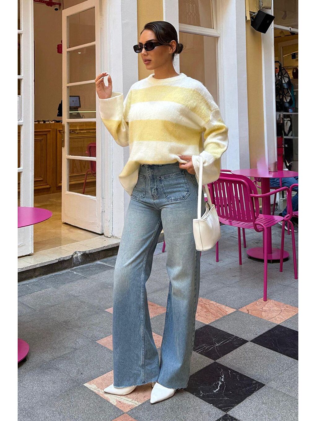 Sarı Bisiklet Yaka Çizgili Triko Kadın Kazak Mg2472-6