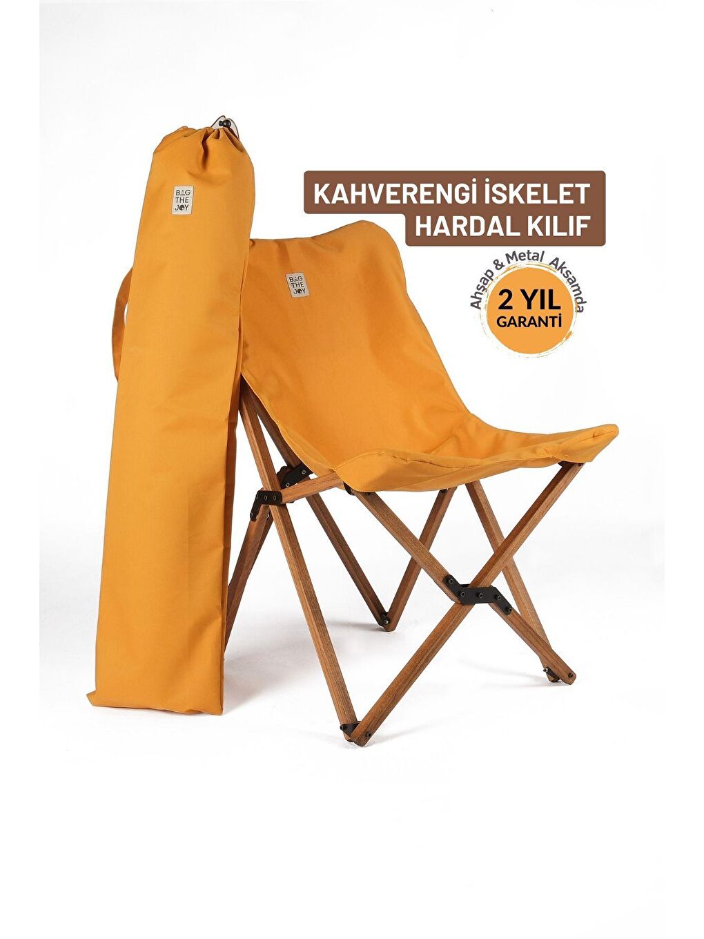 Bag The Joy Hardal Sarı Kahverengi İskelet – Hardal Kılıf Ahşap Katlanır Kamp & Bahçe Sandalyesi