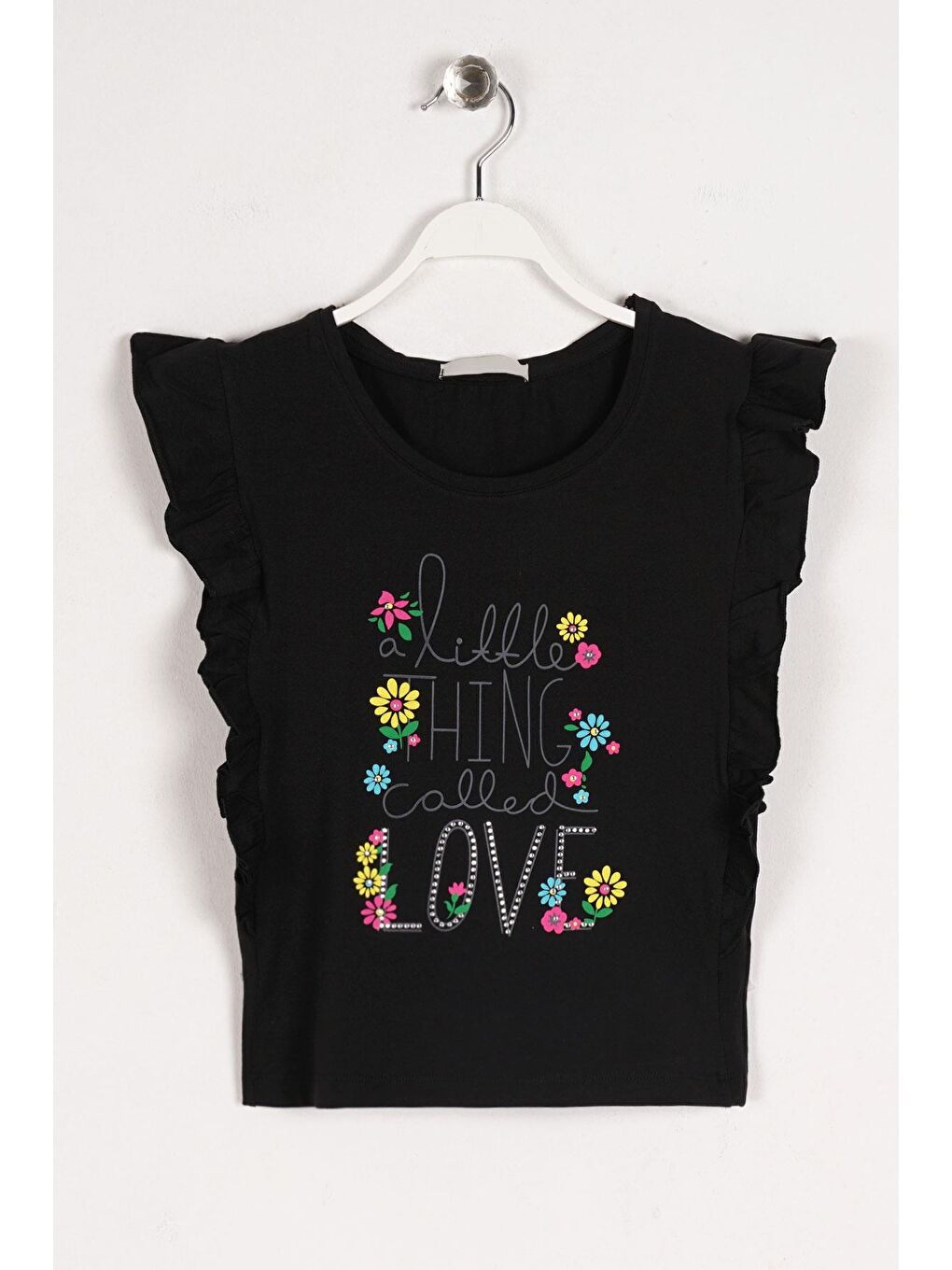 Bisiklet Yaka Kısa Kol Yazı Baskılı Yanları Fırfırlı Siyah Renk Kız Çocuk Tshirt