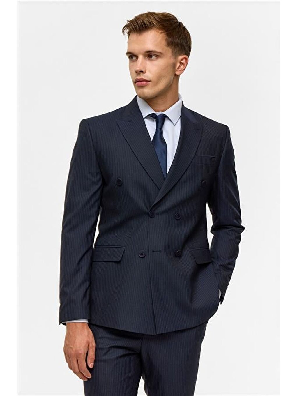 Lacivert Slim Çizgili Kruvaze Yaka 6 Drop Takım Elbise-1