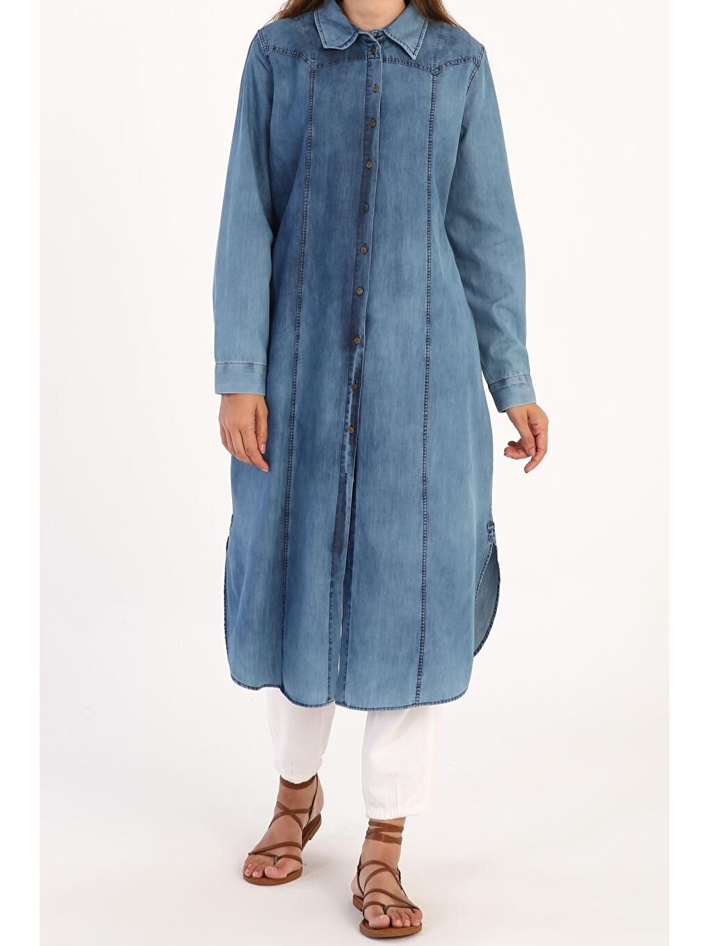 Açık Mavi Parçalı Denim Gömlek Tunik-2