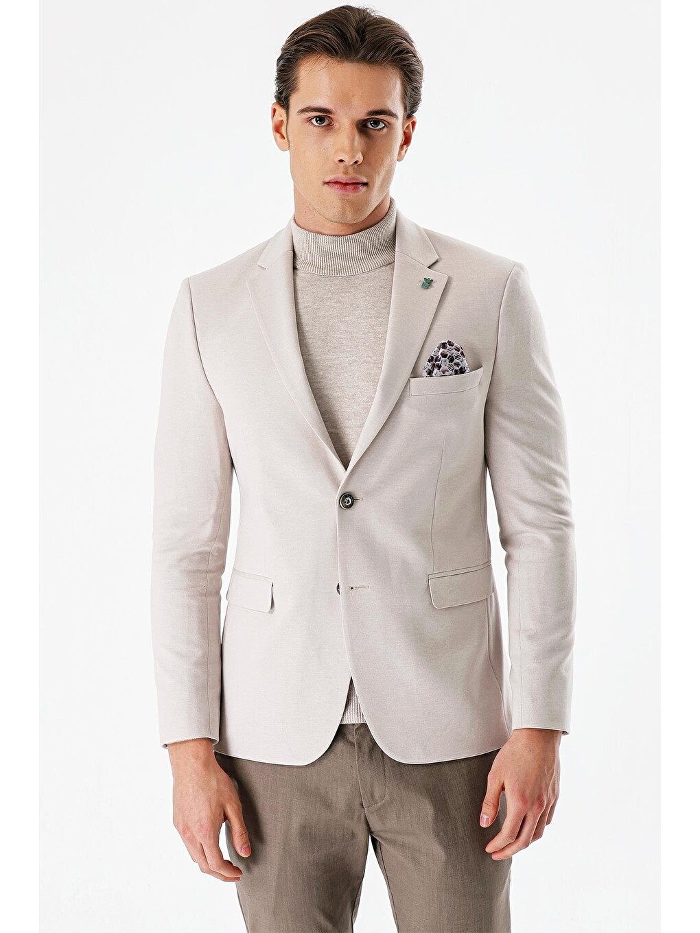 Bej Taş Rengi Desenli Mono Yaka Çift Yırtmaç Elastanlı 6 Drop Dar Kesim Klasik Blazer Ceket 1002240151