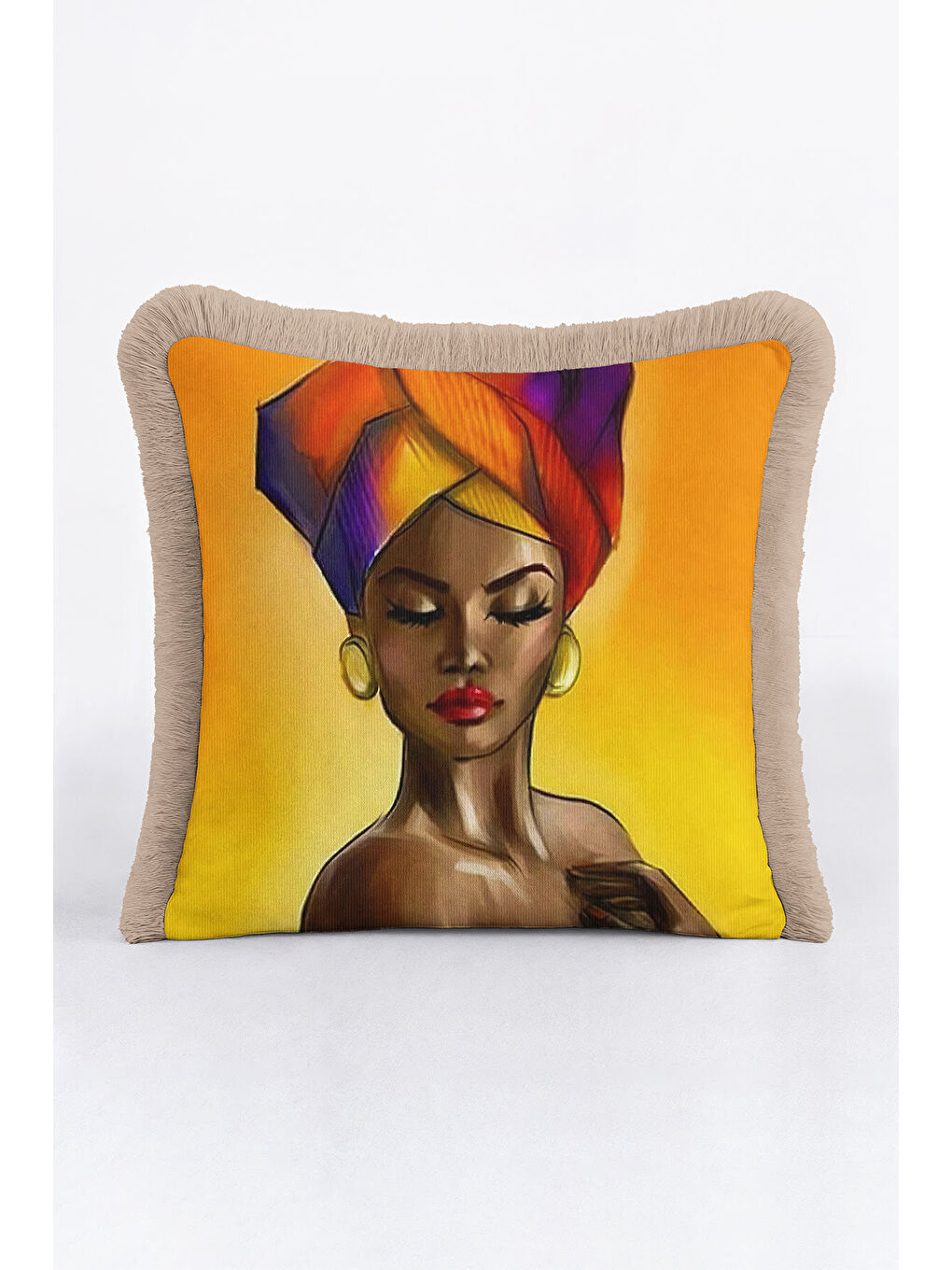 Karışık Afrika Portre Sanat Saçaklı Yastık Kılıfı - Etnik Bohem Sıcak Renkler Püsküllü Kırlent Kılıfı-2