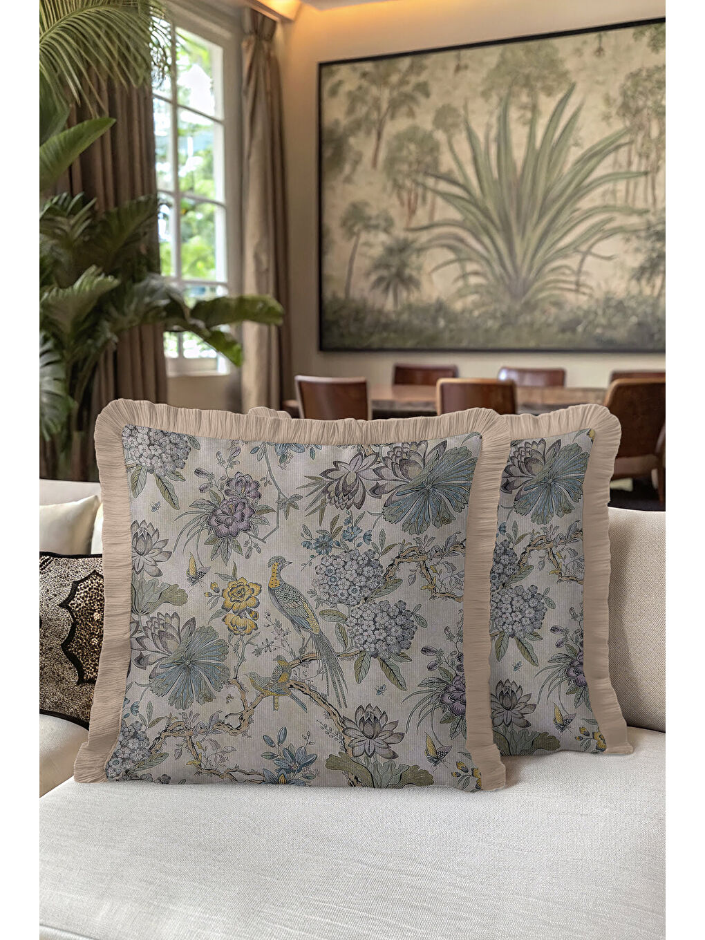 Karışık Zarif Kuş ve Çiçek Motifli Saçaklı Yastık Kılıfı - Klasik Bahçe Vintage Mavi Püsküllü Kırlent Kılıfı-5