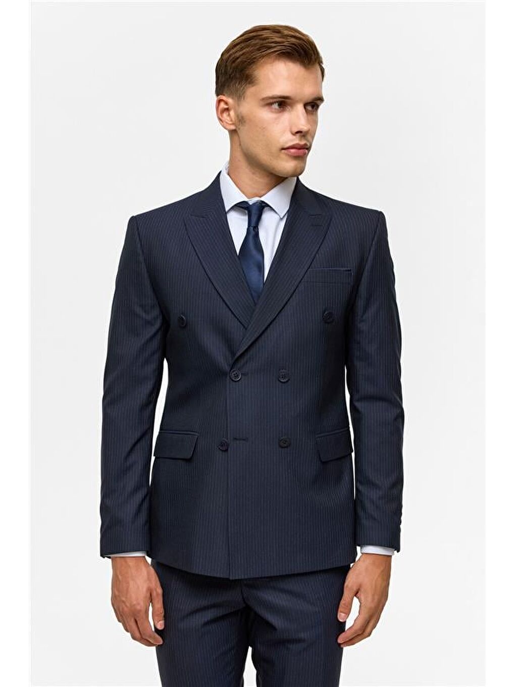 Lacivert Slim Çizgili Kruvaze Yaka 6 Drop Takım Elbise-2