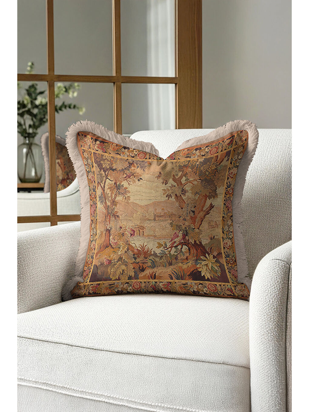 Karışık Klasik Fransız Goblen Manzara Saçaklı Yastık Kılıfı - Vintage Rustik Bej Püsküllü Kırlent Kılıfı-2