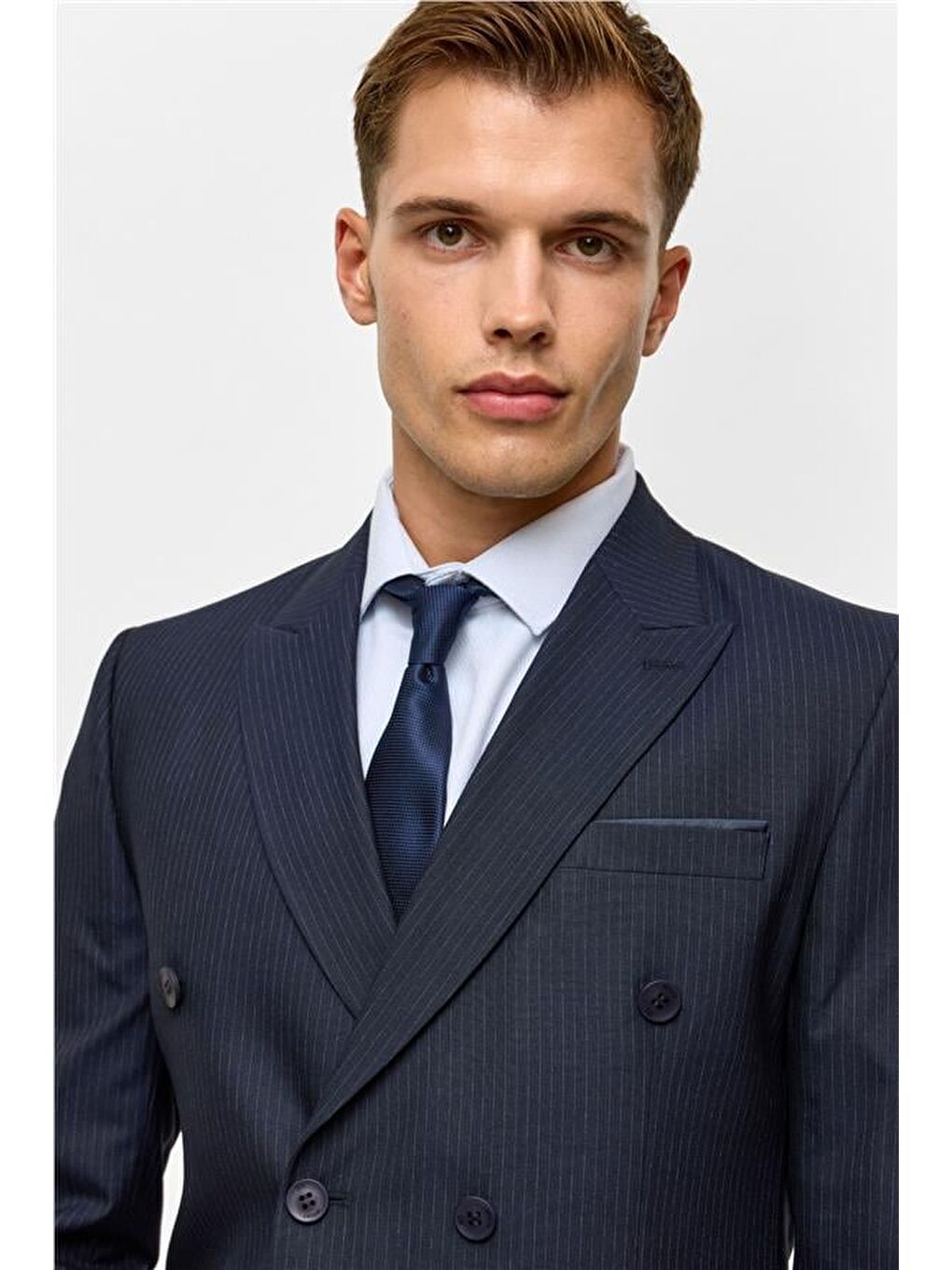 Lacivert Slim Çizgili Kruvaze Yaka 6 Drop Takım Elbise-3