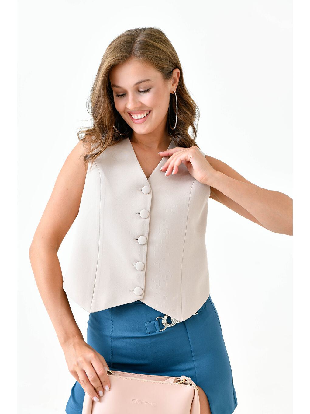 Bej Taş Fitted Düğmeli Dokuma Yelek-3