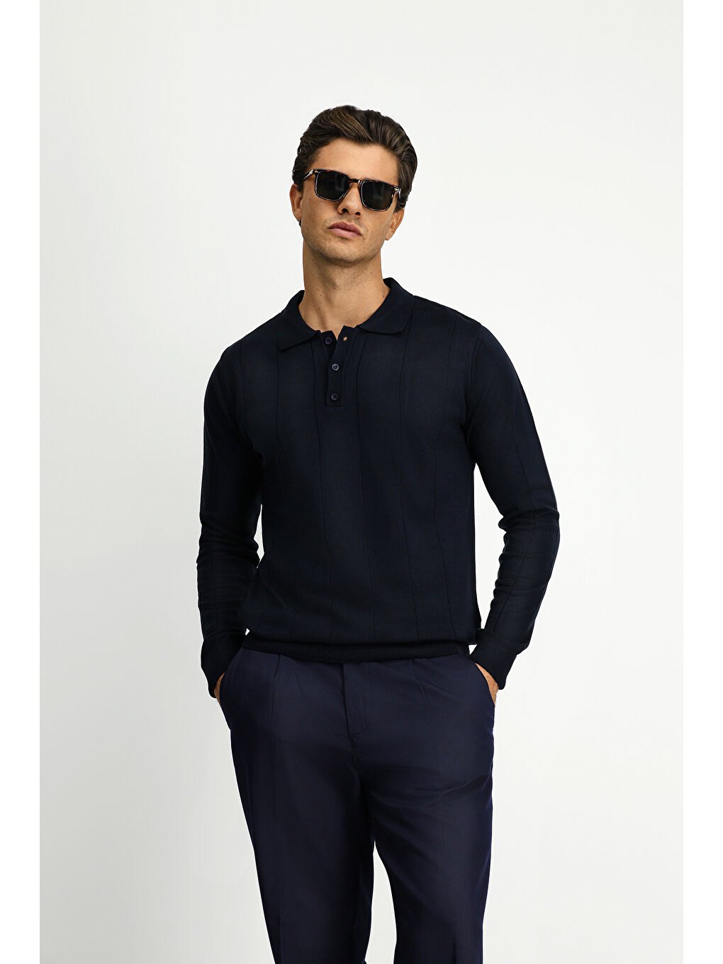 Lacivert Polo Yaka Regular Fit Desenli Triko Büyük Beden Kazak