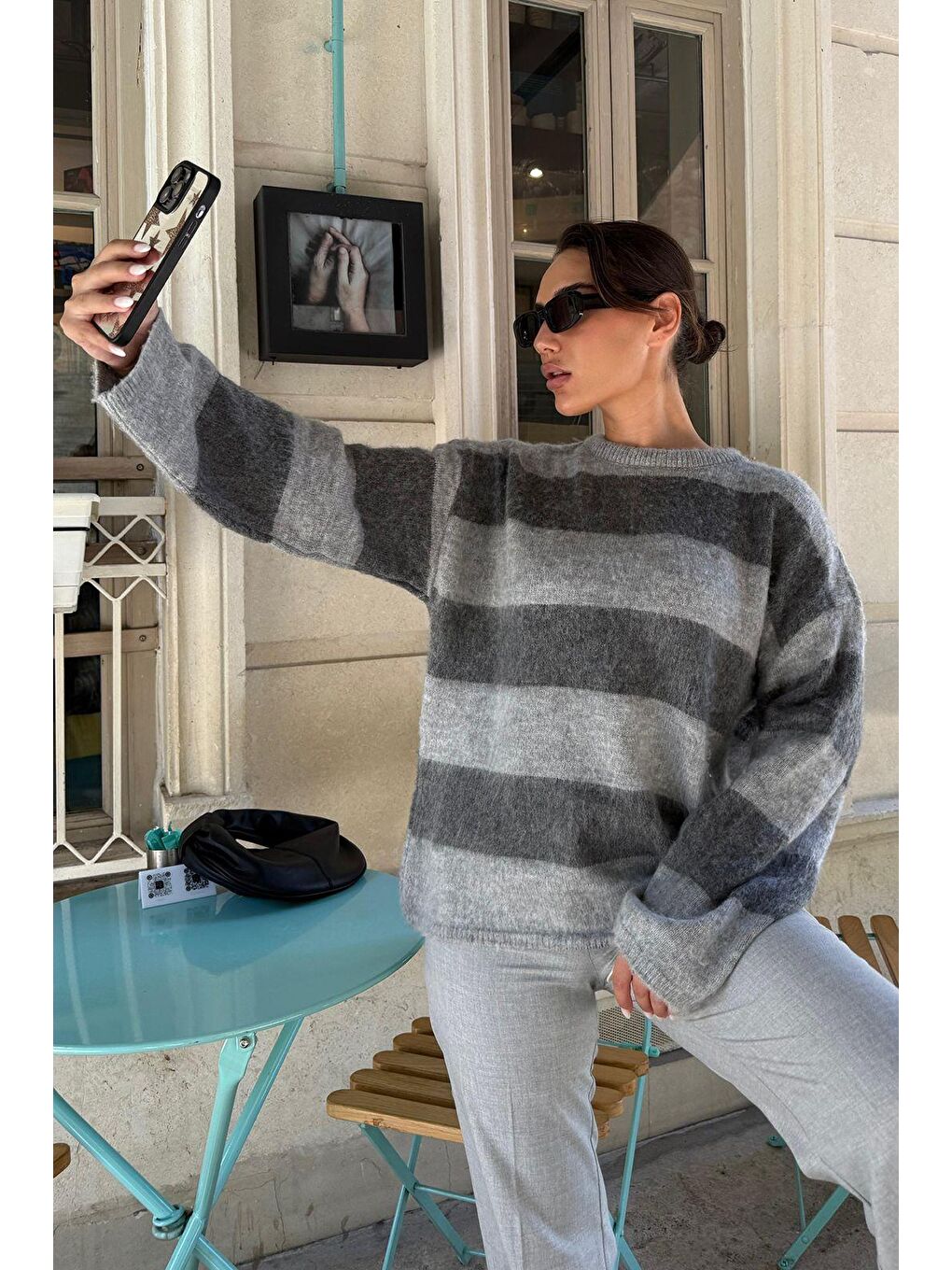 Antrasit Bisiklet Yaka Çizgili Triko Kadın Kazak Mg2472-2
