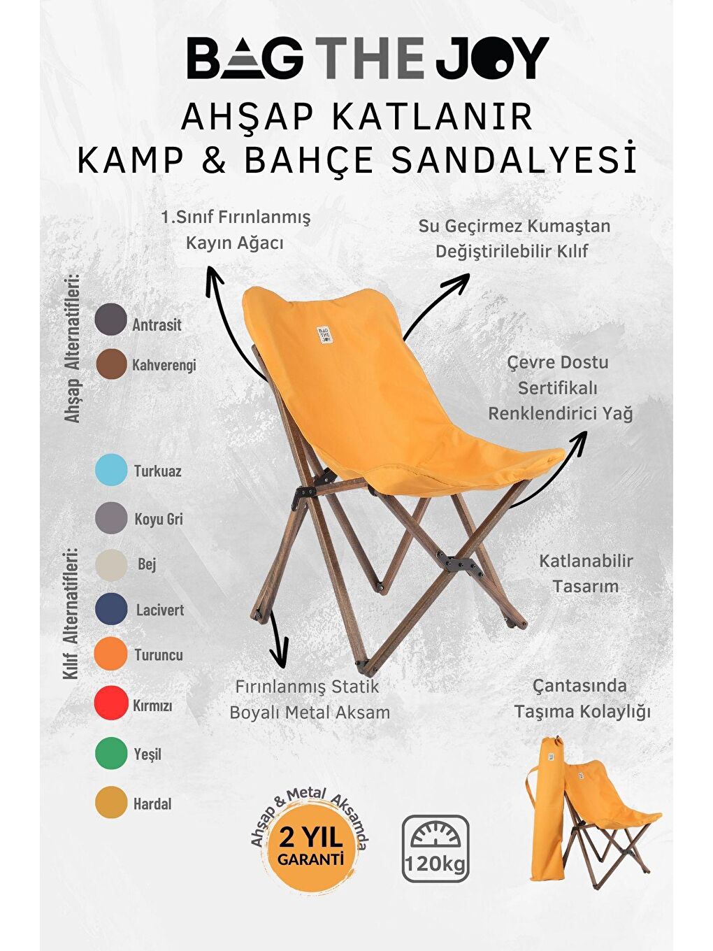 Bag The Joy Hardal Sarı Antrasit İskelet – Hardal Kılıf Ahşap Katlanır Kamp & Bahçe Sandalyesi - 4