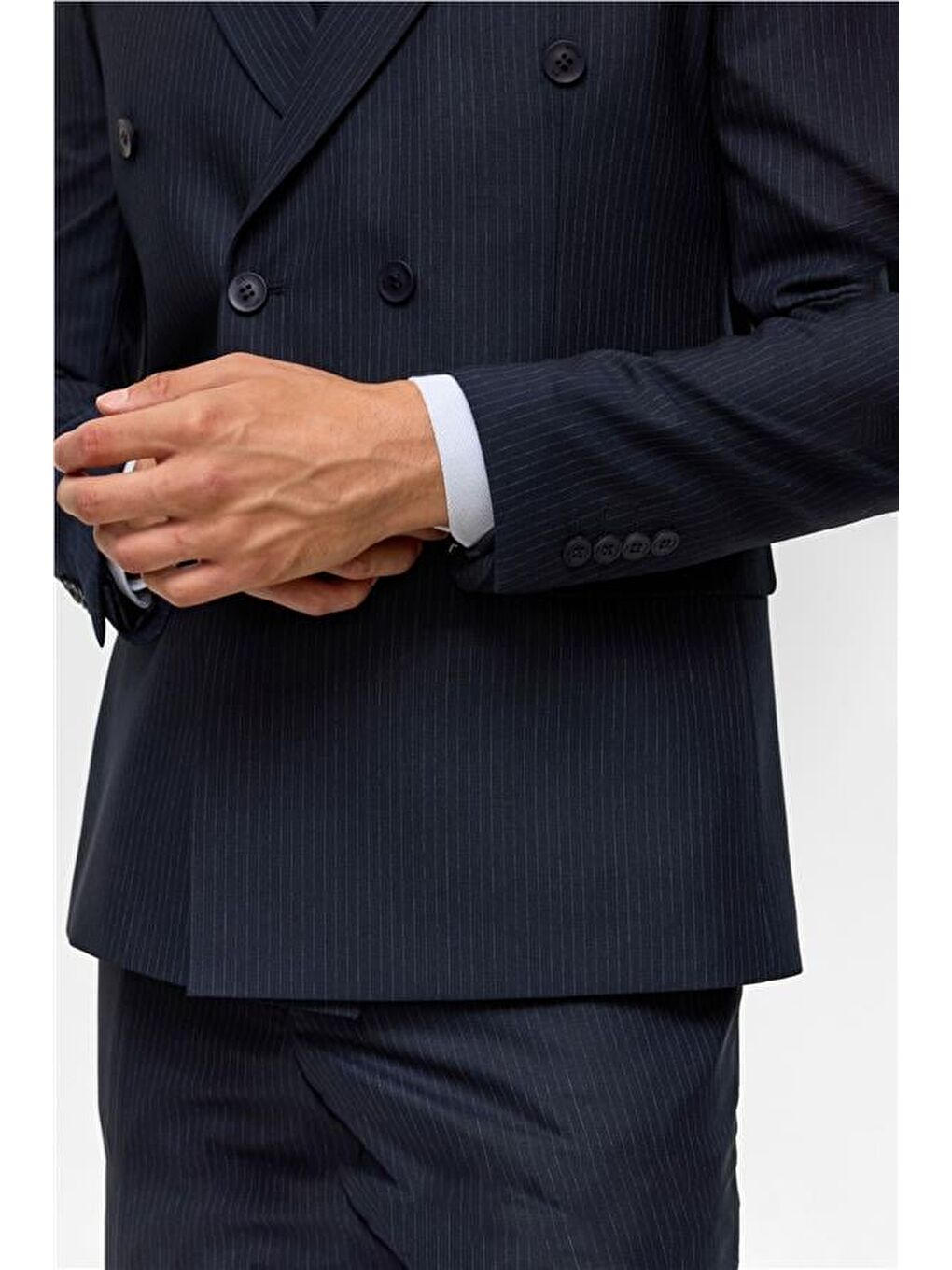 Lacivert Slim Çizgili Kruvaze Yaka 6 Drop Takım Elbise-4