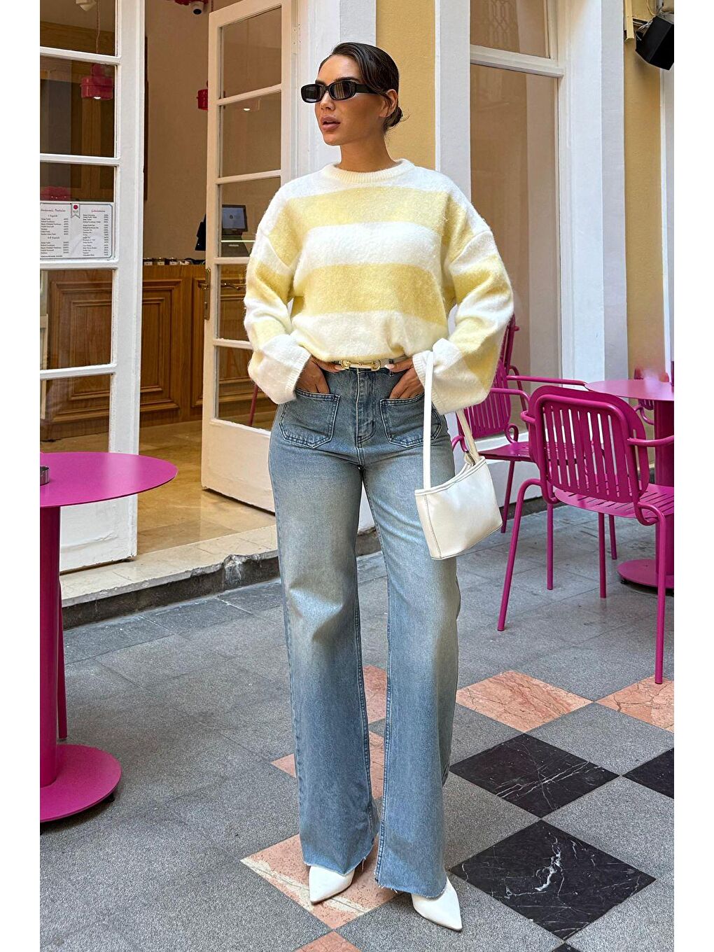 Sarı Bisiklet Yaka Çizgili Triko Kadın Kazak Mg2472-7