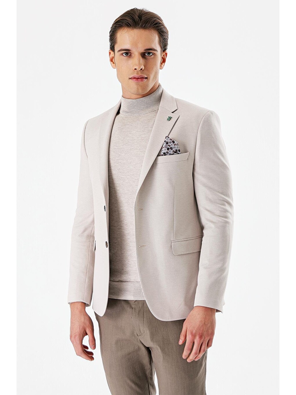 Bej Taş Rengi Desenli Mono Yaka Çift Yırtmaç Elastanlı 6 Drop Dar Kesim Klasik Blazer Ceket 1002240151-1