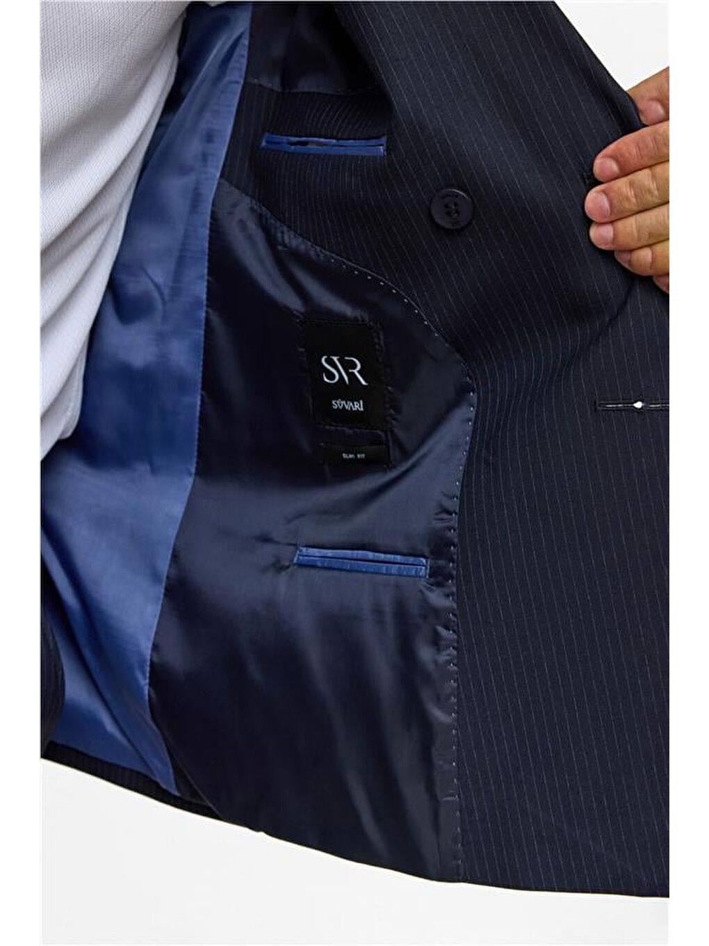 Lacivert Slim Çizgili Kruvaze Yaka 6 Drop Takım Elbise-5