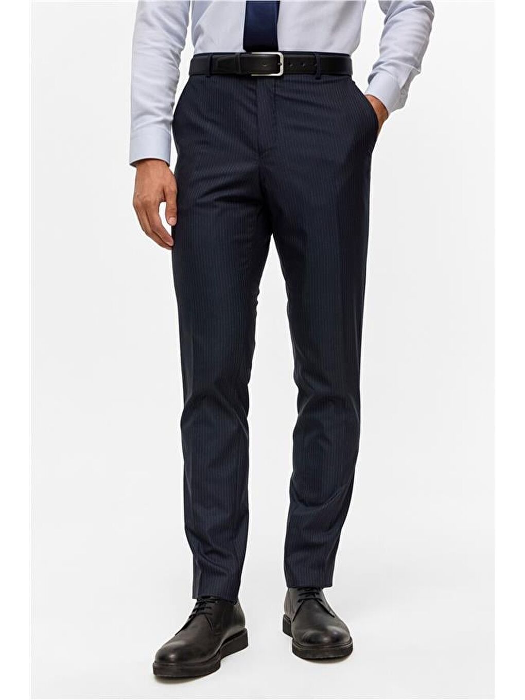 Lacivert Slim Çizgili Kruvaze Yaka 6 Drop Takım Elbise-6