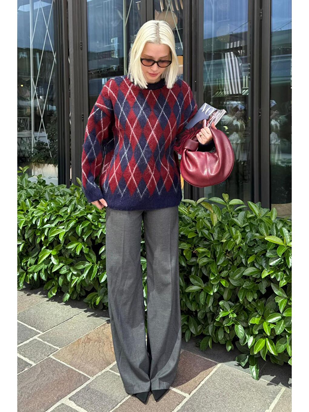 Lacivert Bisiklet Yaka Şardonlu Baklava Desenli Kazak Mg2493-2