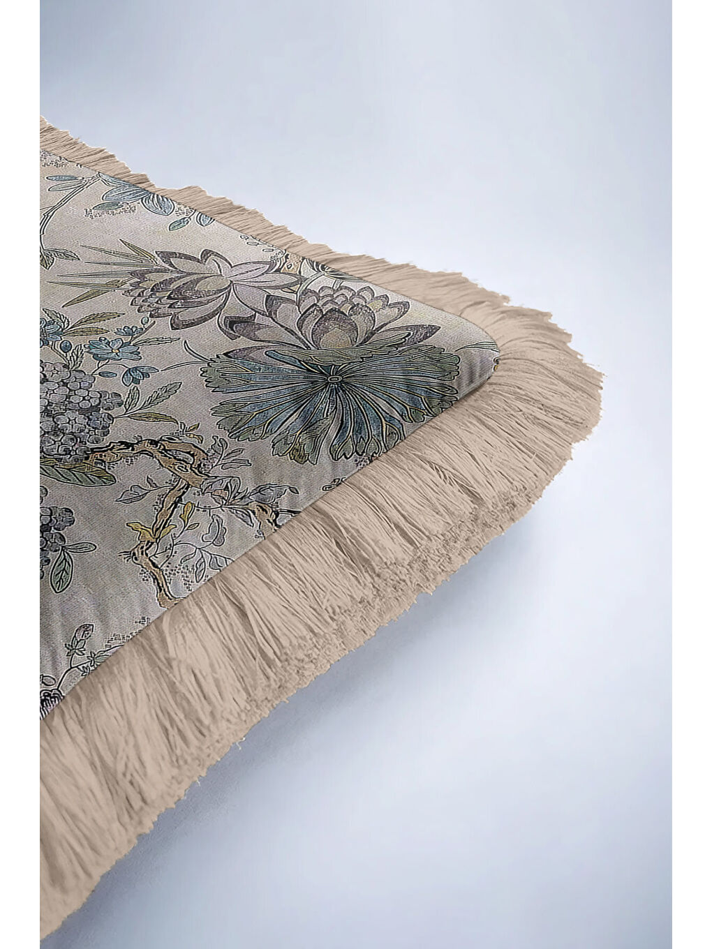 Karışık Zarif Kuş ve Çiçek Motifli Saçaklı Yastık Kılıfı - Klasik Bahçe Vintage Mavi Püsküllü Kırlent Kılıfı-6