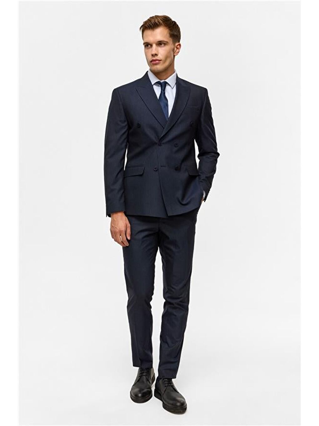 Lacivert Slim Çizgili Kruvaze Yaka 6 Drop Takım Elbise-8