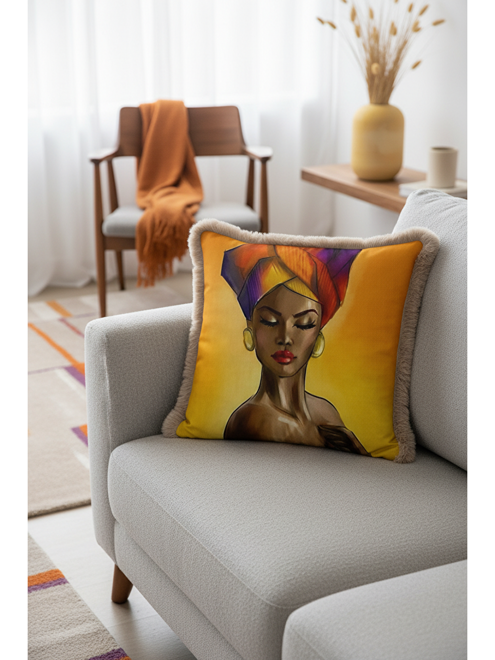 Karışık Afrika Portre Sanat Saçaklı Yastık Kılıfı - Etnik Bohem Sıcak Renkler Püsküllü Kırlent Kılıfı-3