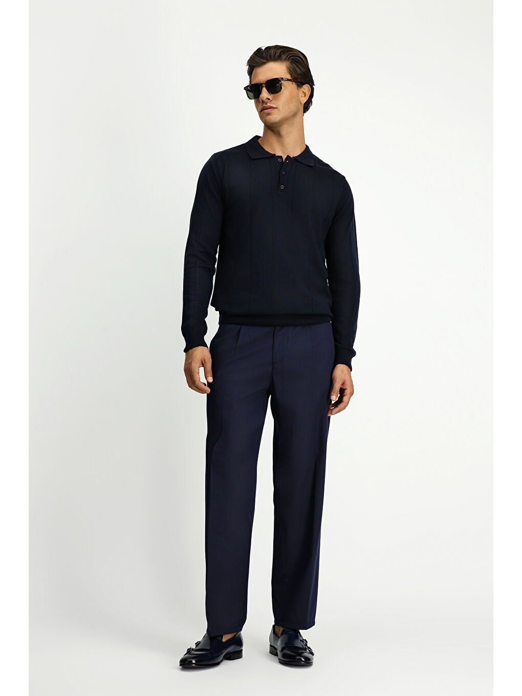 Lacivert Polo Yaka Regular Fit Desenli Triko Büyük Beden Kazak-1