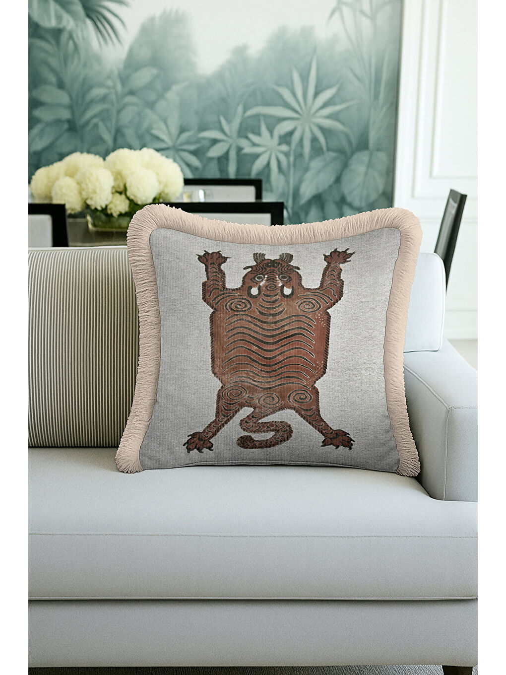 Karışık Sanat Esintili Saçaklı Yastık Kılıfı - Tribal Ruhlu Bohem Bej Kahverengi Püsküllü Kırlent Kılıfı-2