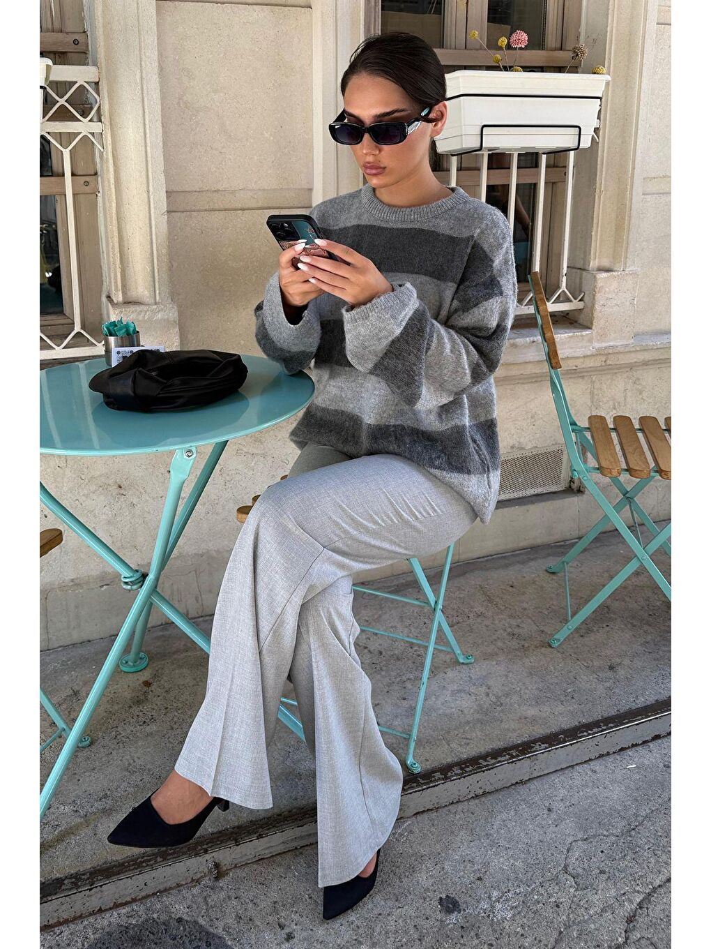 Antrasit Bisiklet Yaka Çizgili Triko Kadın Kazak Mg2472-3