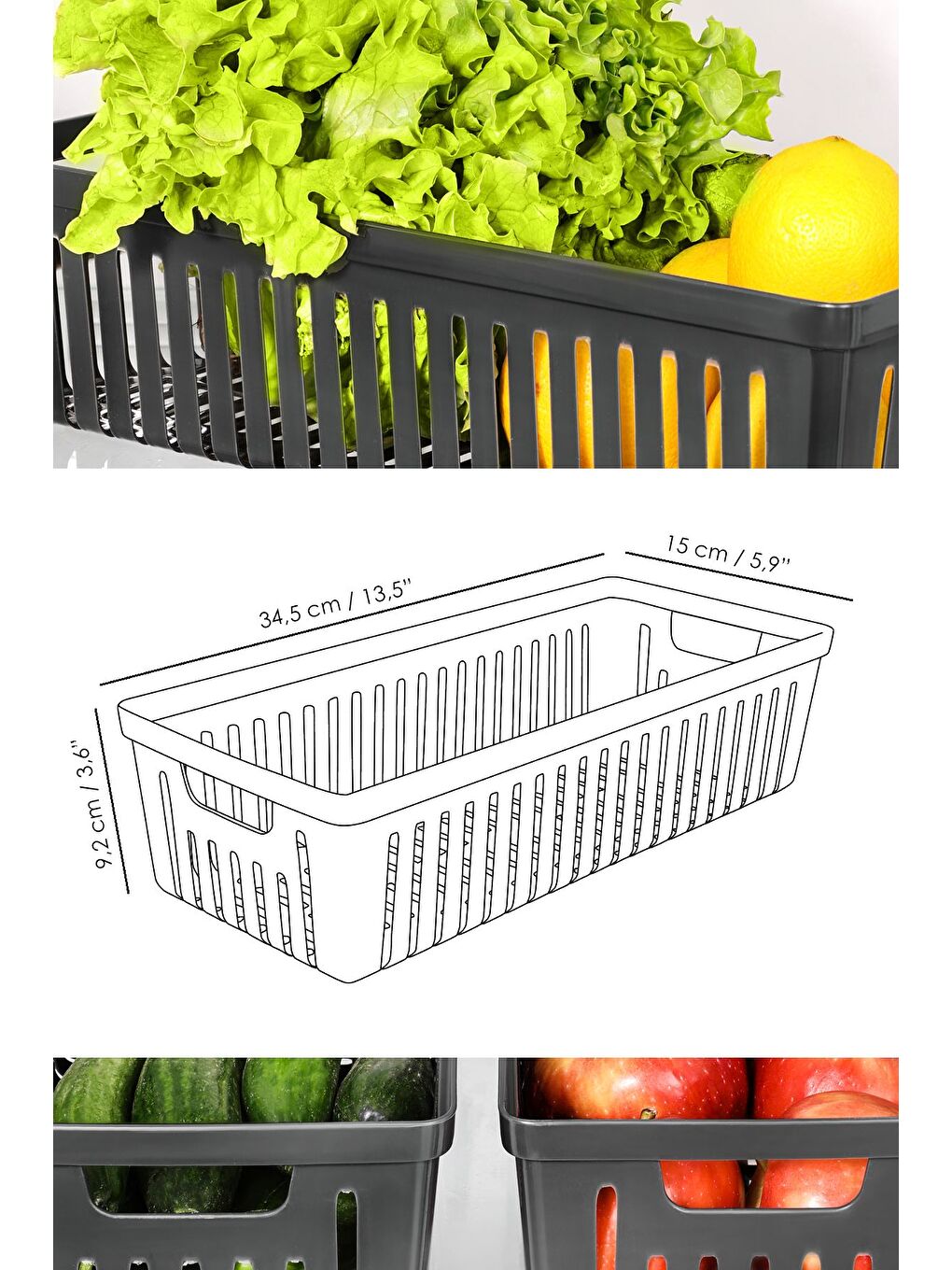 4 Adet Buzdolabı Düzenleyici Sepet Dolap İçi Meyve Sebze Düzenleyici Organizer Saklama Kabı Siyah-4