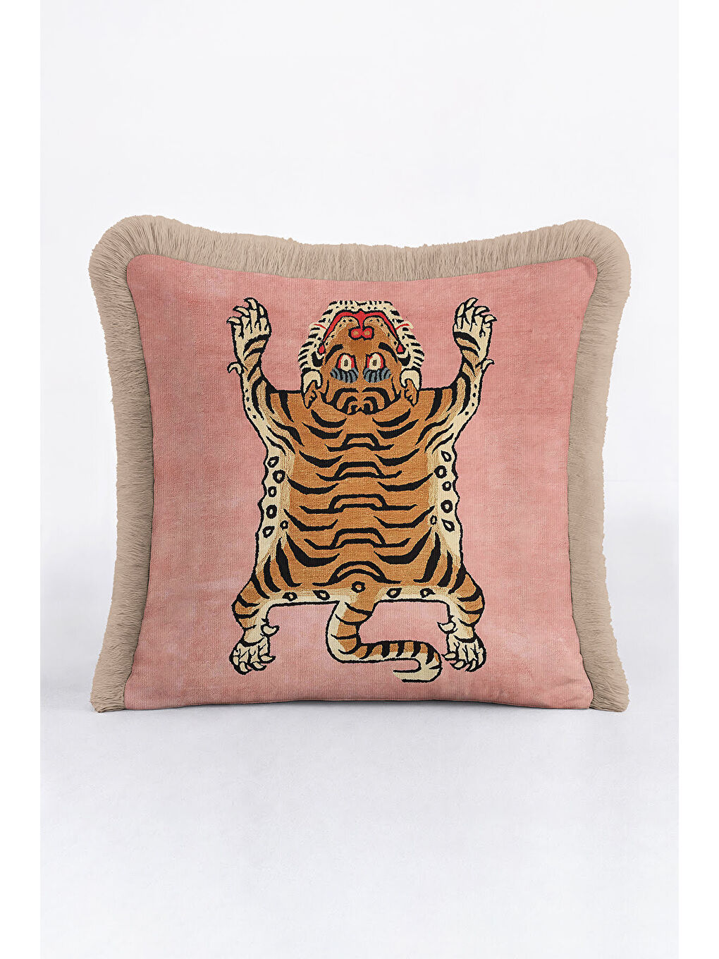 Karışık Lüks Kaplan Figürlü Saçaklı Yastık Kılıfı - Asya Esintili Bohem Pudra Gold Püsküllü Kırlent Kılıfı-2