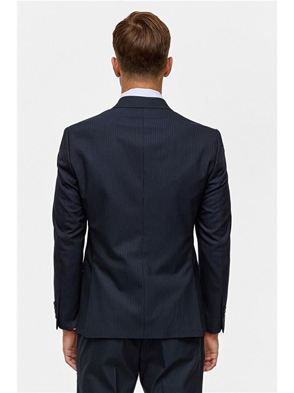 Lacivert Slim Çizgili Kruvaze Yaka 6 Drop Takım Elbise-10