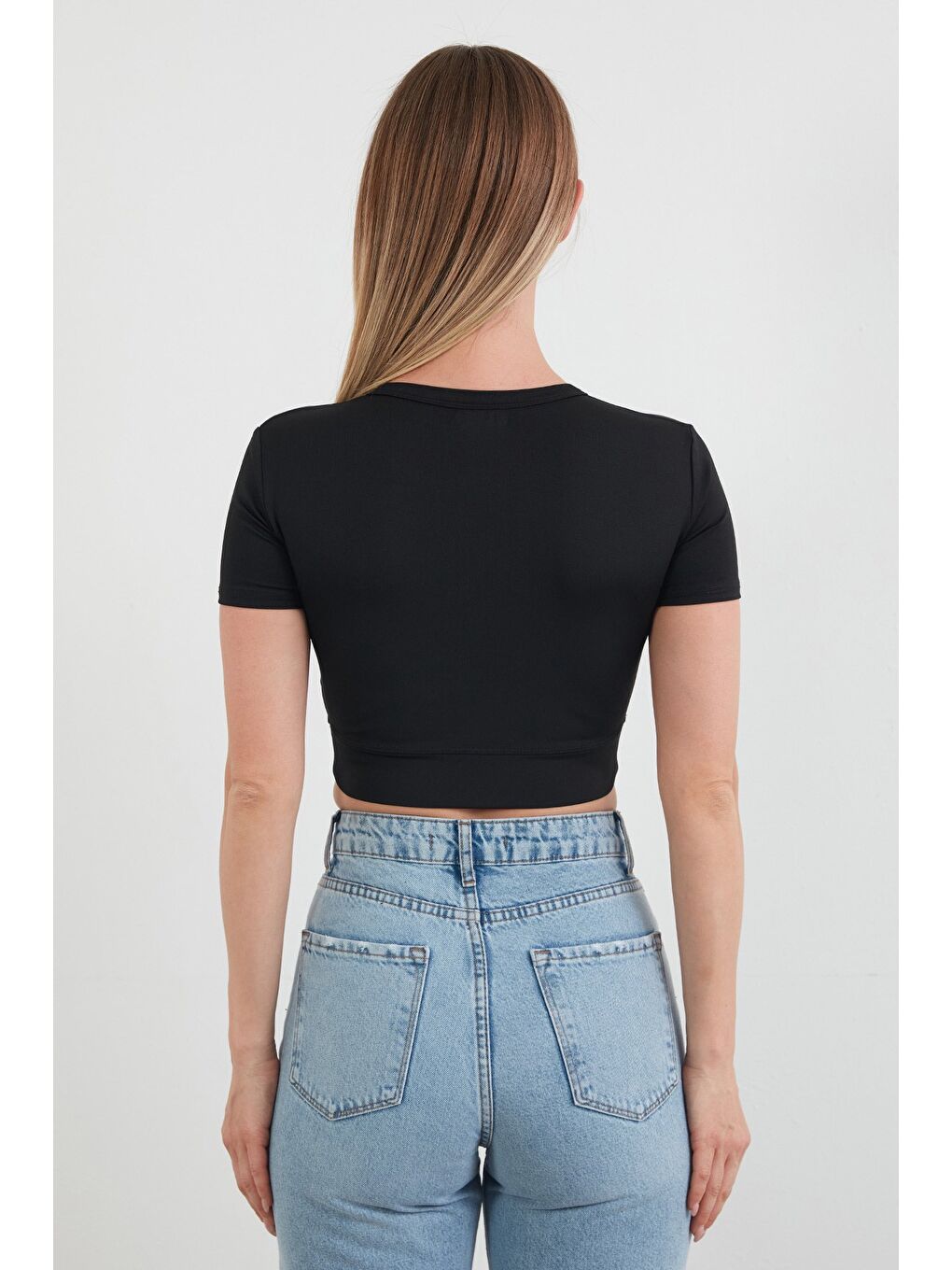 Siyah Basic Yarım Fermuarlı Dalgıç Kumaş Crop Tişört-3