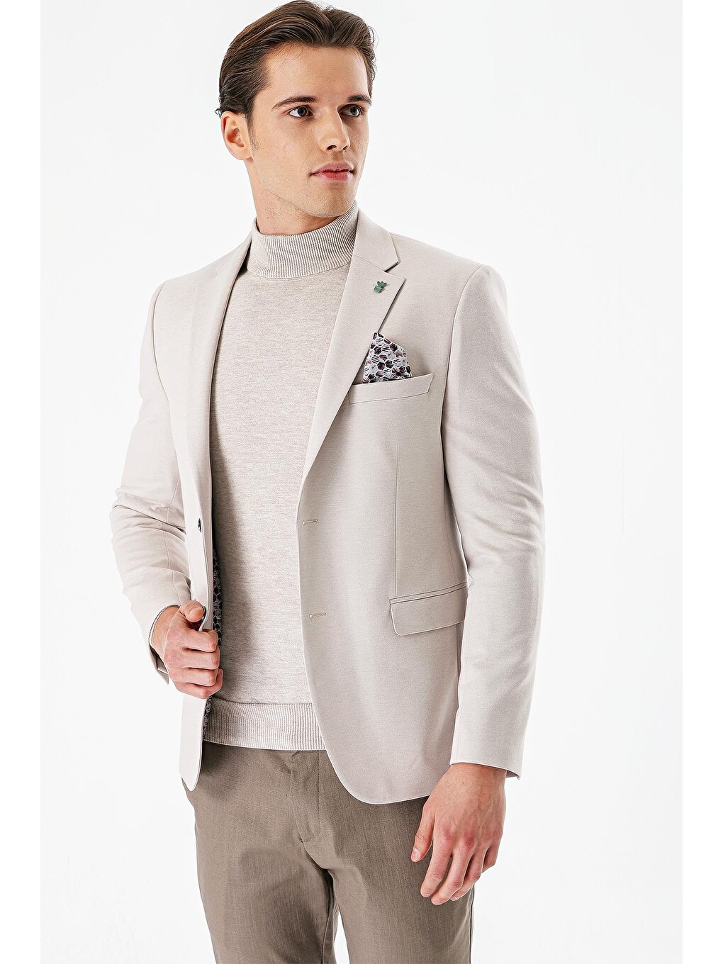 Bej Taş Rengi Desenli Mono Yaka Çift Yırtmaç Elastanlı 6 Drop Dar Kesim Klasik Blazer Ceket 1002240151-2