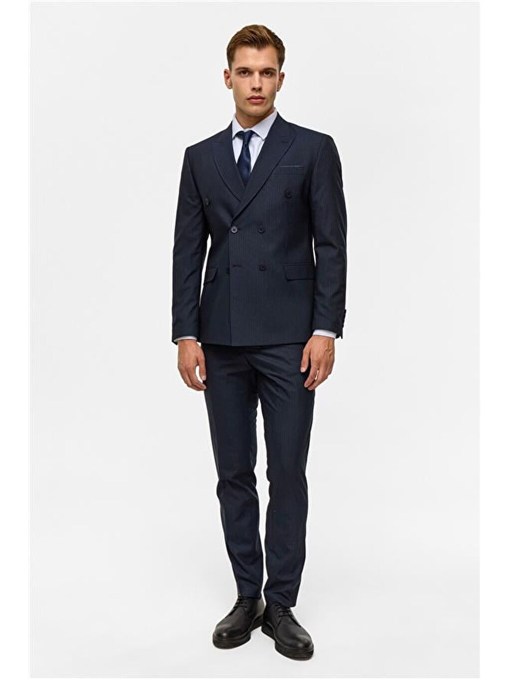 Lacivert Slim Çizgili Kruvaze Yaka 6 Drop Takım Elbise-11