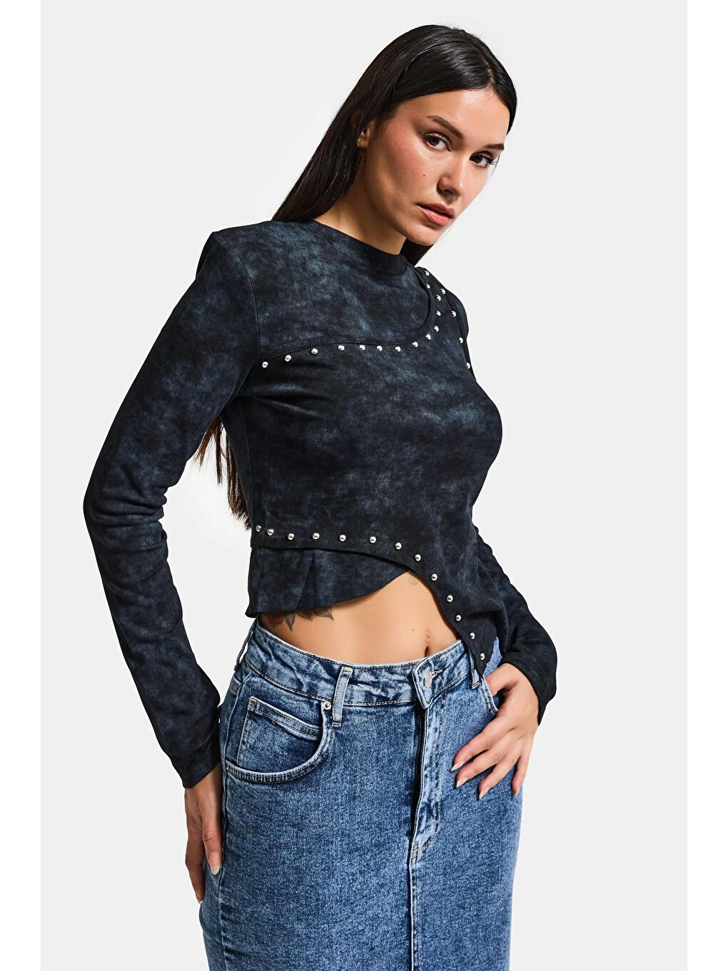 Kadın Siyah Antrasit w5 Asimetrik Kesim Drop Detaylı Özel Tasarım Crop Top-2