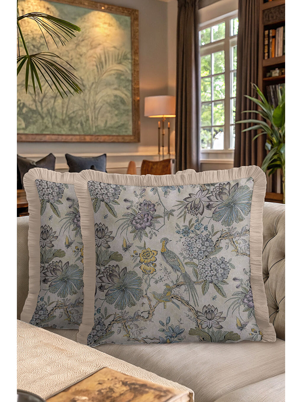 Karışık Zarif Kuş ve Çiçek Motifli Saçaklı Yastık Kılıfı - Klasik Bahçe Vintage Mavi Püsküllü Kırlent Kılıfı-7