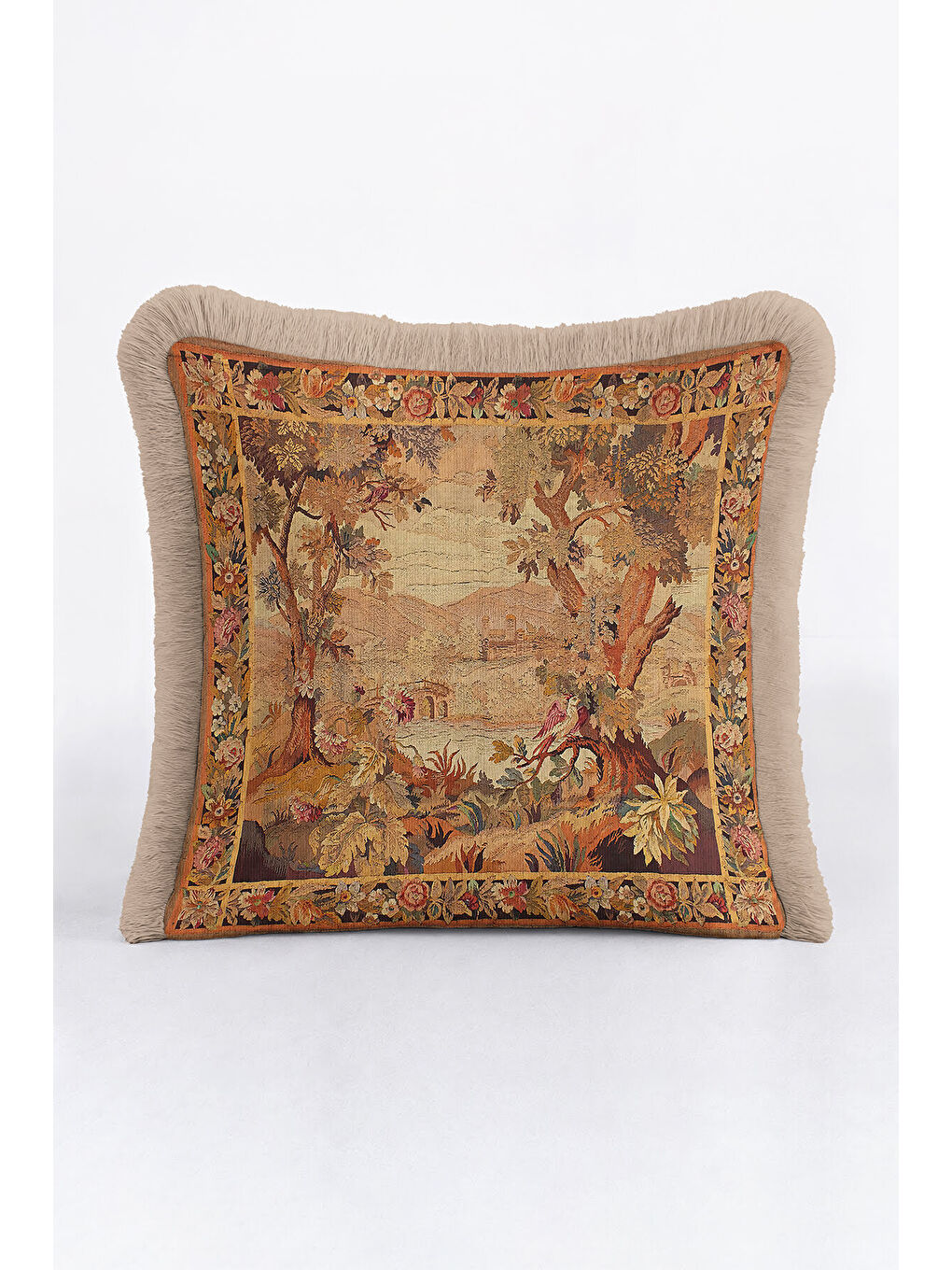 Karışık Klasik Fransız Goblen Manzara Saçaklı Yastık Kılıfı - Vintage Rustik Bej Püsküllü Kırlent Kılıfı-3