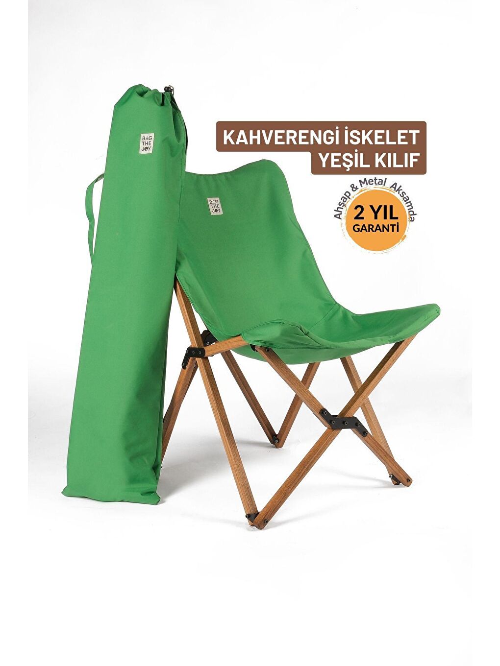 Bag The Joy Yeşil Kahverengi İskelet –Yeşil Kılıf Ahşap Katlanır Kamp & Bahçe Sandalyesi