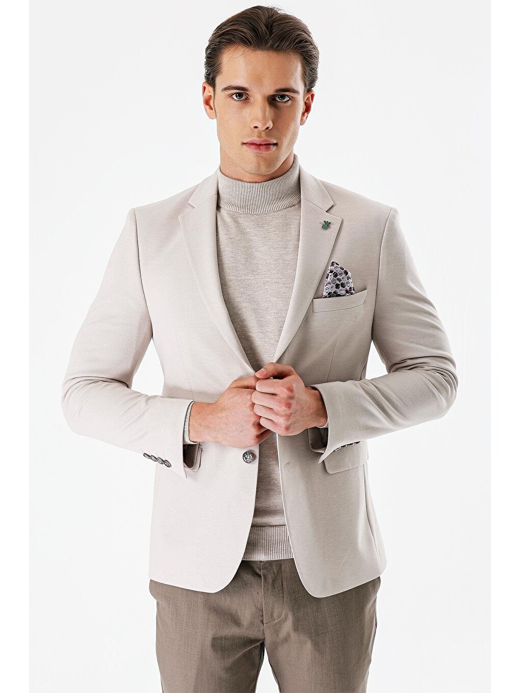 Bej Taş Rengi Desenli Mono Yaka Çift Yırtmaç Elastanlı 6 Drop Dar Kesim Klasik Blazer Ceket 1002240151-3